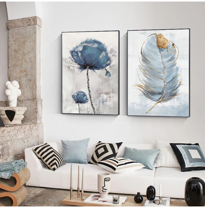 Affiche Murale Scandinave – Art Floral Abstrait & Motifs Plume